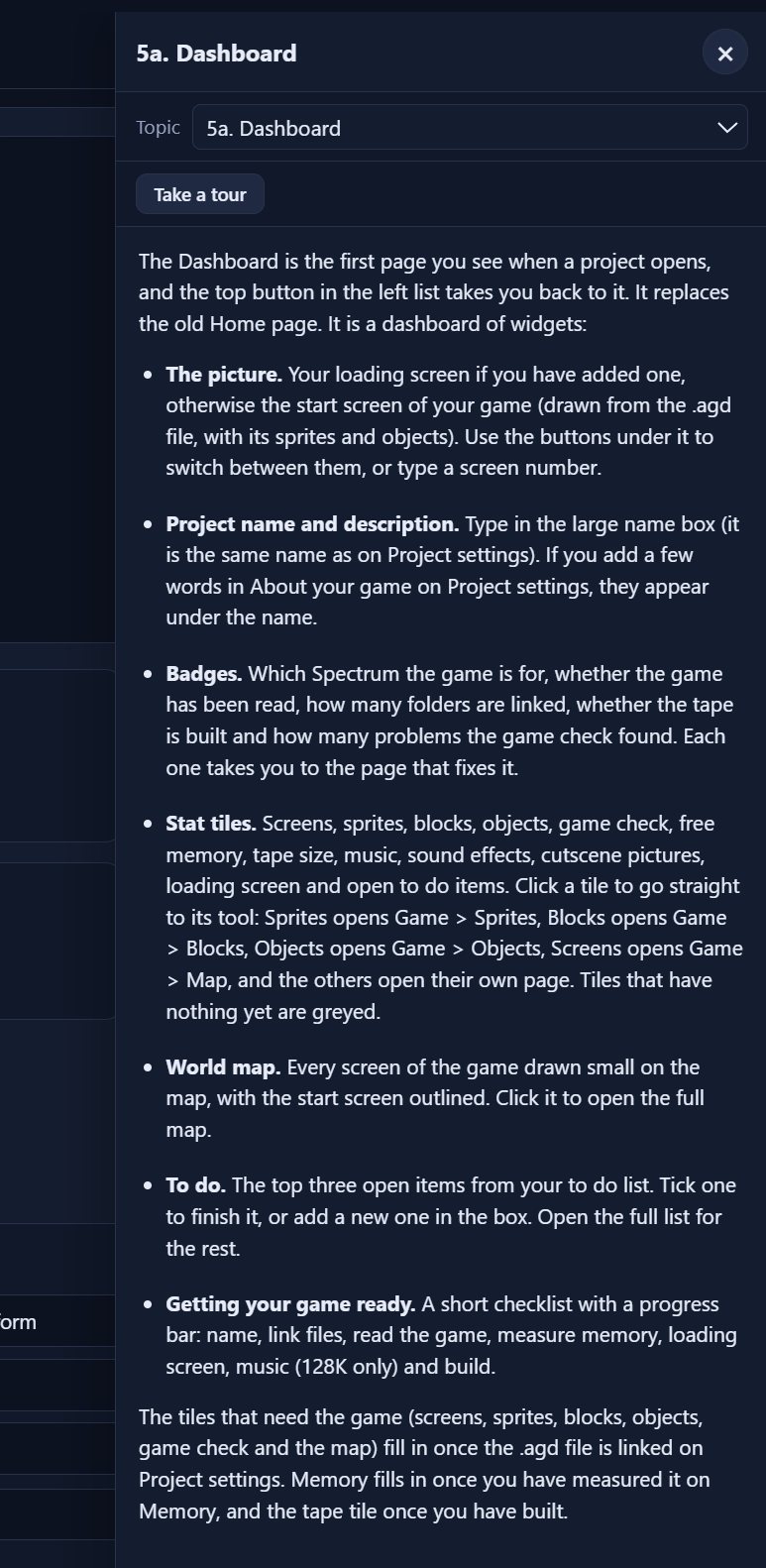 The built-in help panel