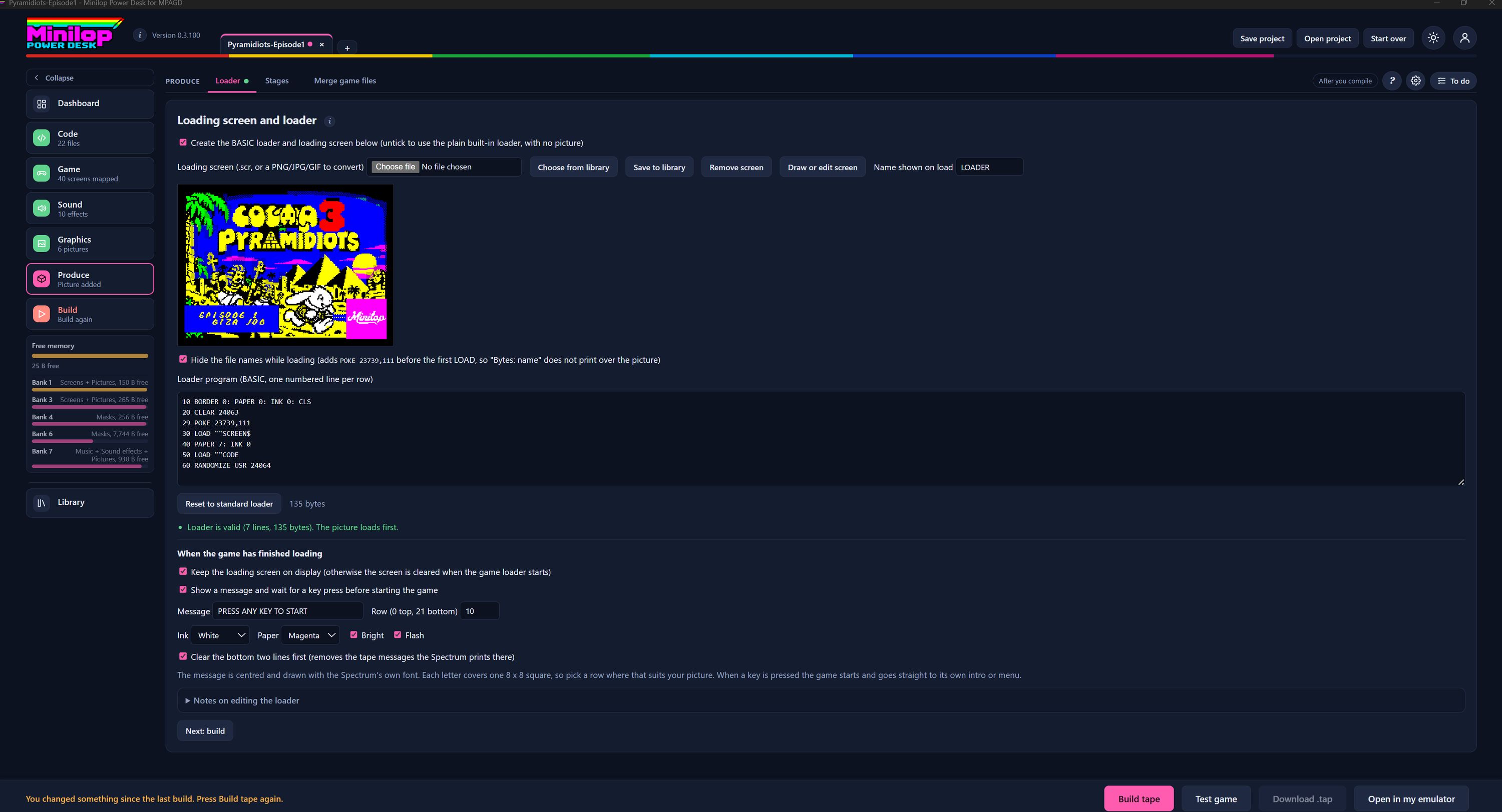 La página Loader de Power Desk, con la pantalla de carga, el programa del cargador BASIC y los ajustes del mensaje de pulsar una tecla