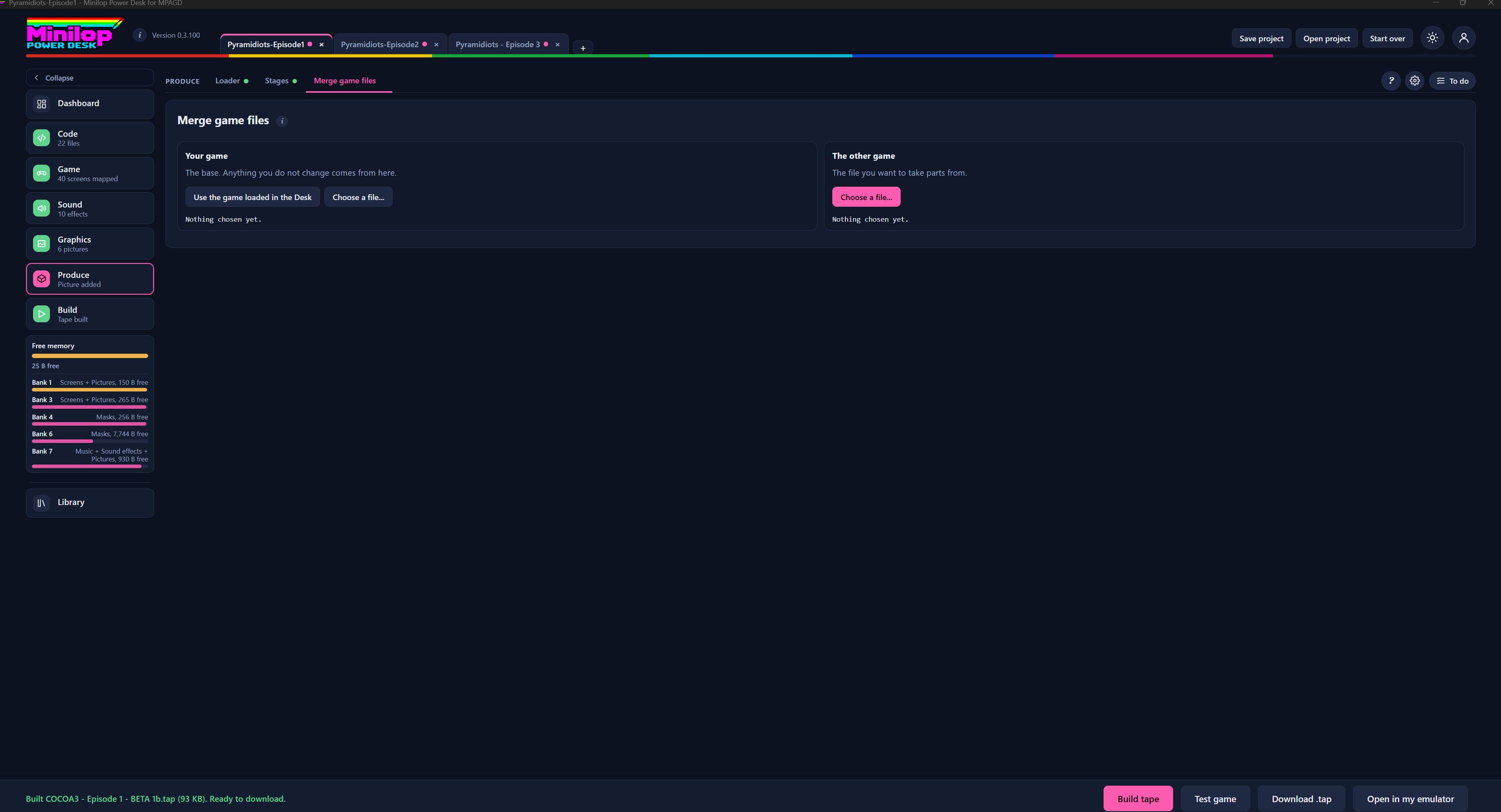 A página Merge game files do Power Desk, a mostrar as caixas para o teu jogo e para o outro jogo
