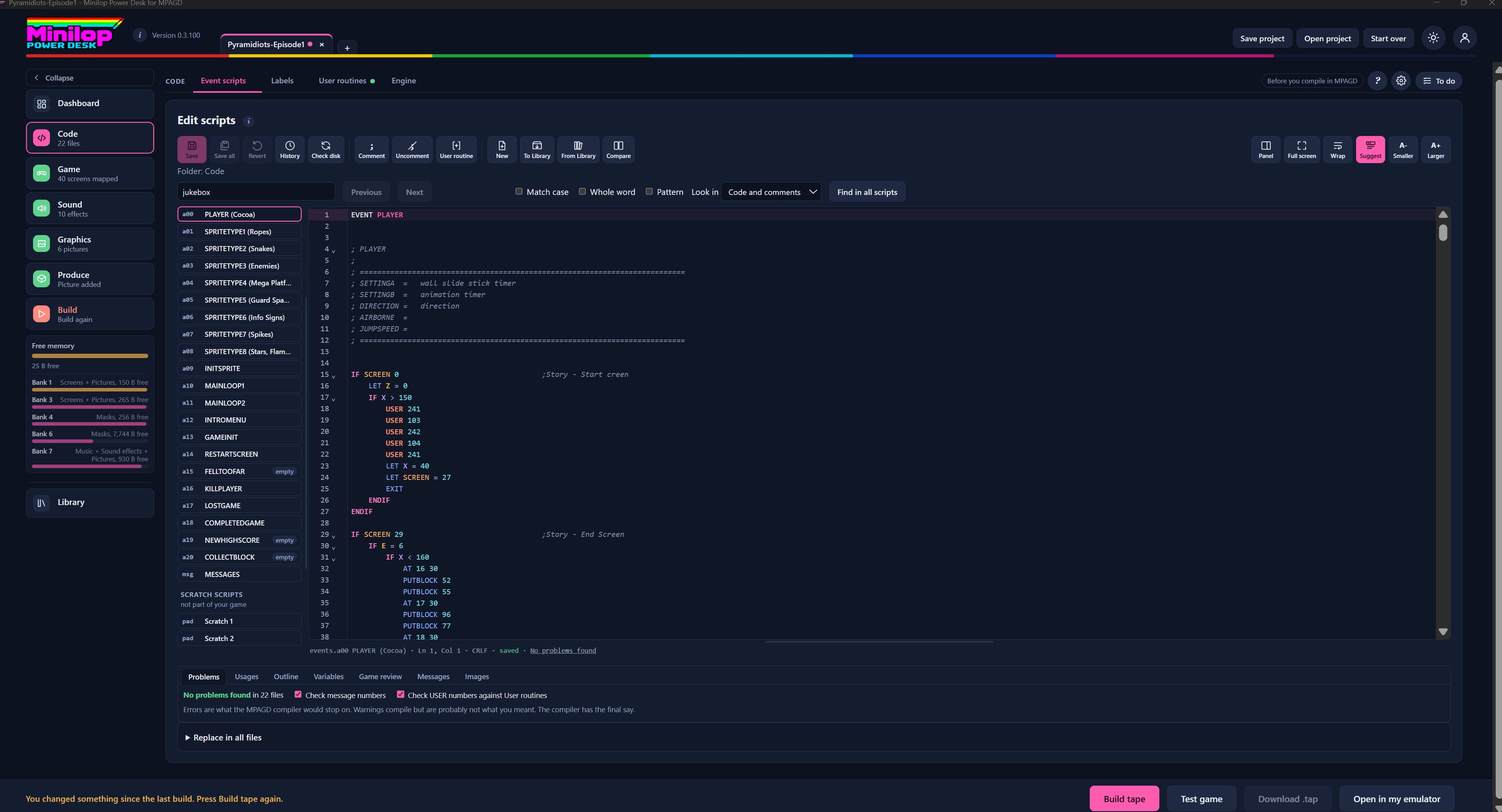 El editor de scripts de Power Desk, con la barra de herramientas, la lista de archivos, la barra de búsqueda, el código y el panel de problemas
